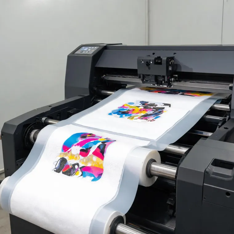 DTF transfer film leaving a wide-format printer